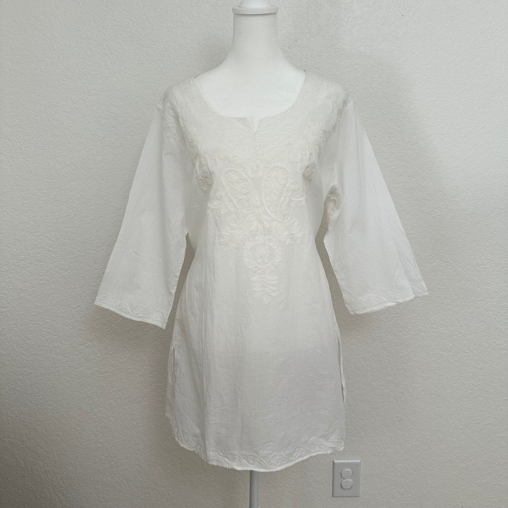 Tunic Top Women L White 100% Cotton Embroidered 3/4 Sleeve Boho Minimalist